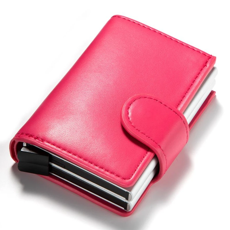 

Men Women Business Credit Card Holders Metal RFID Double Aluminium Box PU Leather Travel Card Wallet Automatic slide Card Case