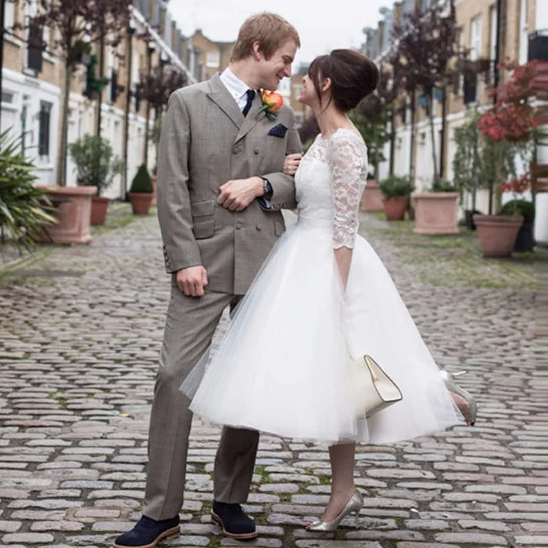 2017-Modern-White-Wedding-Dresses-Tea-length-Ball-Gown-Three-Quarter-Sleeve-Tulle-with-Lace-Women (1)