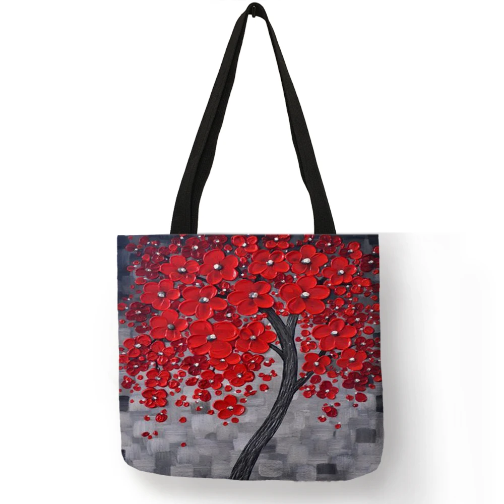 Индивидуальные вишневые цветы масляной краски сумка для женщин леди элегантные сумки многоразовые льняные хозяйственные сумки двухсторонний принт