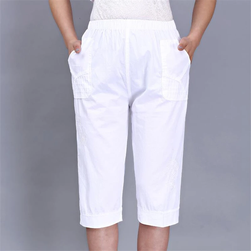 Woman Spring Plus Size 100% Cotton Pants Female Summer Oversized Thin Trousers Women Elastic Waist Capris Lady Knee Length Pants Woman Spring Plus Size 100% Cotton Pants Female Summer Oversized Thin Trousers Women Elastic Waist Capris Lady Knee Length Pants