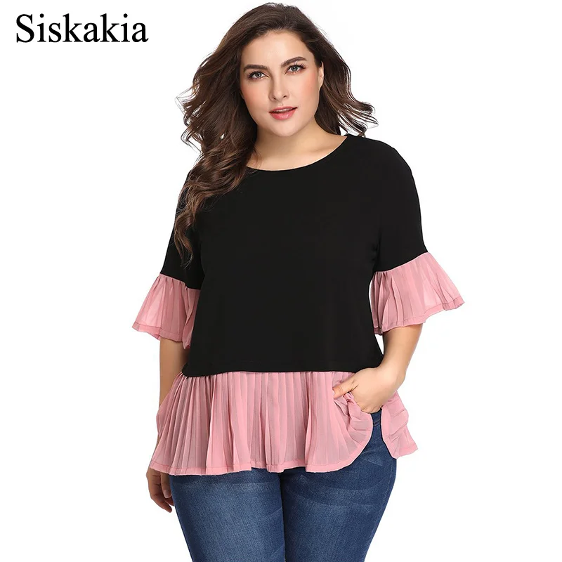 

Siskakia Women Chiffon Draped Blouse Contrast Color Patchwork Plus Size Female Tops O Neck Flare Sleeve Casual Clothing 2019 New
