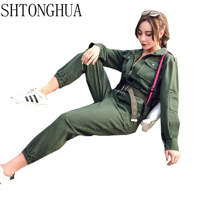 Женский комбинезон с поясом SHTONGHUA повседневный однотонный длинным рукавом в