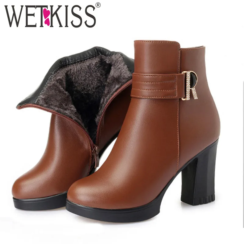 

WETKISS High Heels Ankle Women Boots Round Toe Zip Crystal Footwear Warm Wool Female Boot Platform Pu Snow Shoes Woman Winter