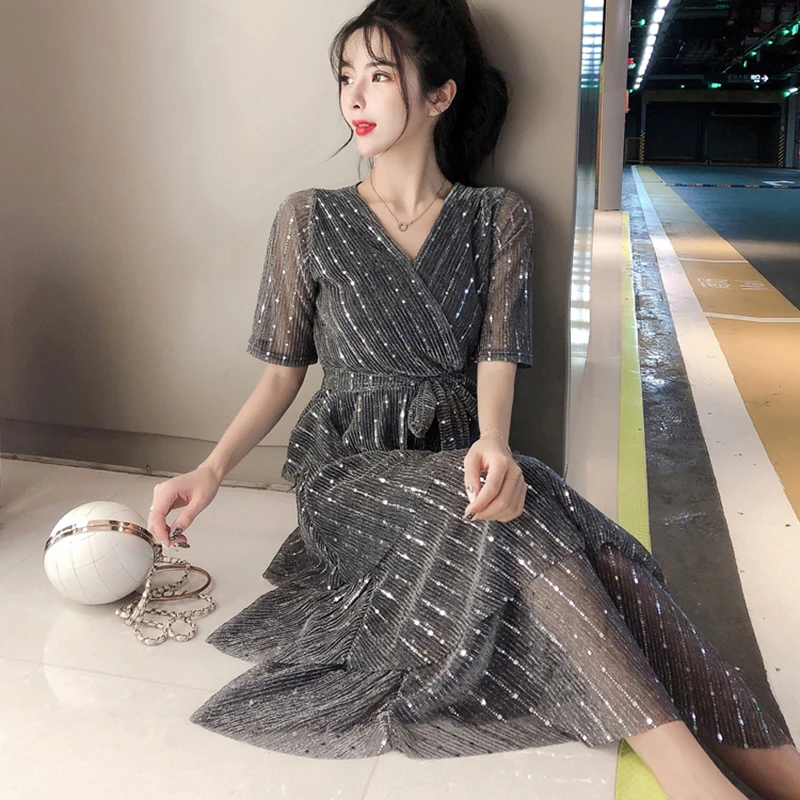 

2019 Summer Shining Sequin Dress Women Vintage Short Sleeve Long Party Dress Plus Size Sexy Ruffles Dress vestidos robe