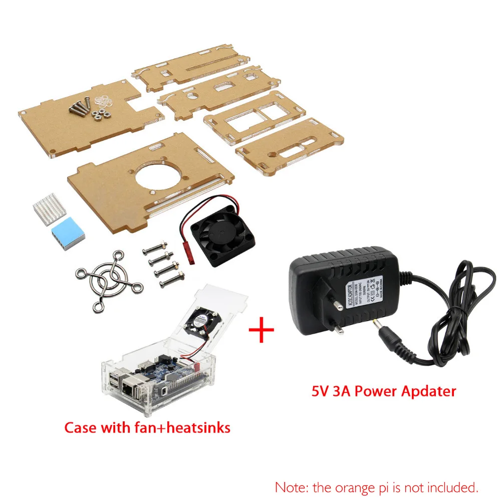 Оранжевый Pi PC/PC2/PC плюс акриловый чехол + вентилятор + радиатор (2 x теплоотвод) + 5 V 3A Мощность Adapter Kit оранжевый Pi Starter Kit