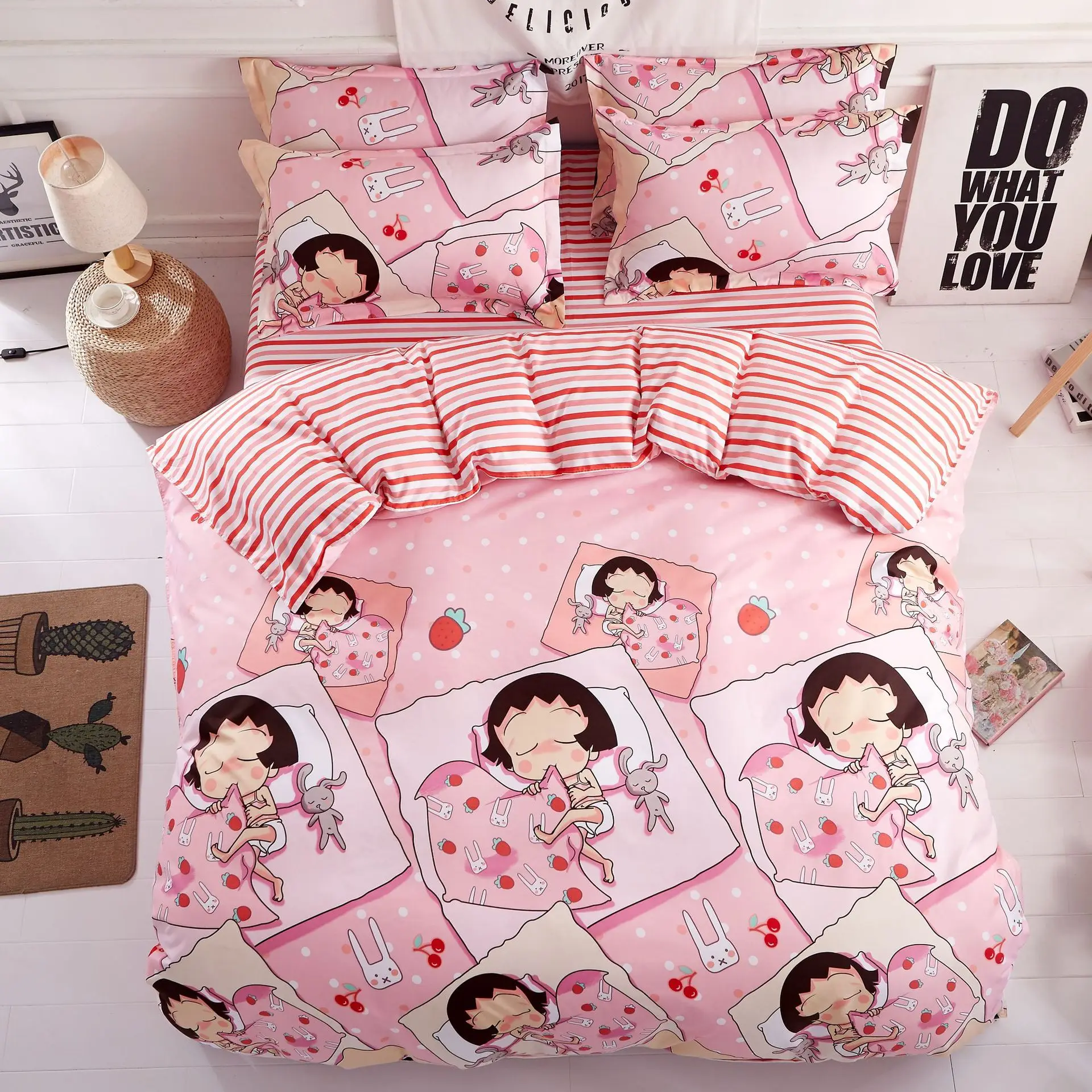 

BEST Luxury Pink Cute Cartoon Duvet Cover Flat Bed Sheets +Pillowcase King Queen Full Twin Bedding Set Bedding Set 3/4pcs
