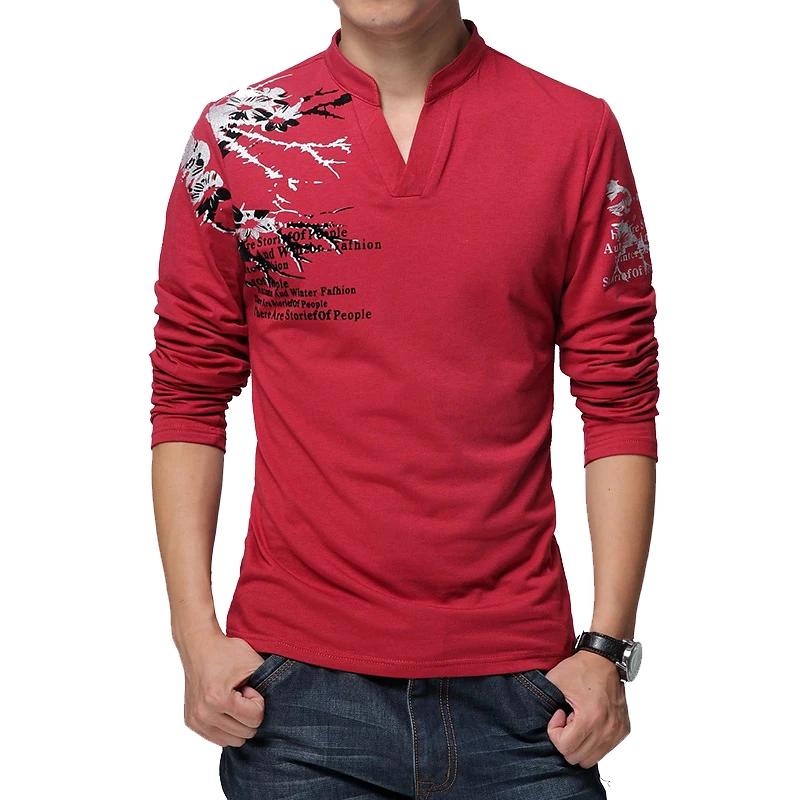 

Spring Autumn New Designer Long Sleeve T Shirt Men Tee V-Neck Casual Slim Fit Men T-Shirt Cotton T Shirts