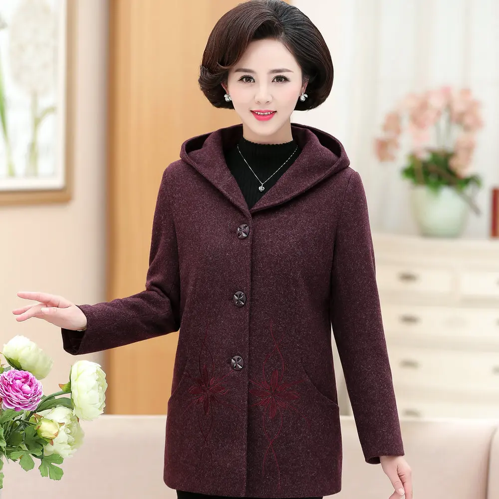 Women Winter Wool Blend Hooded Coats Female Flower Embroidery Tweed Overcoat Woman Elegant Thicken Quilted Hood Tweed Outerwear