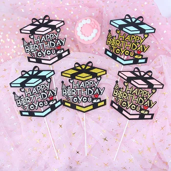 

New INS Gift Box Happy Birthday Cake Topper Colorful Heart Cupcake Toppers For Girls Birthday Party Cake Decorations Baby Shower