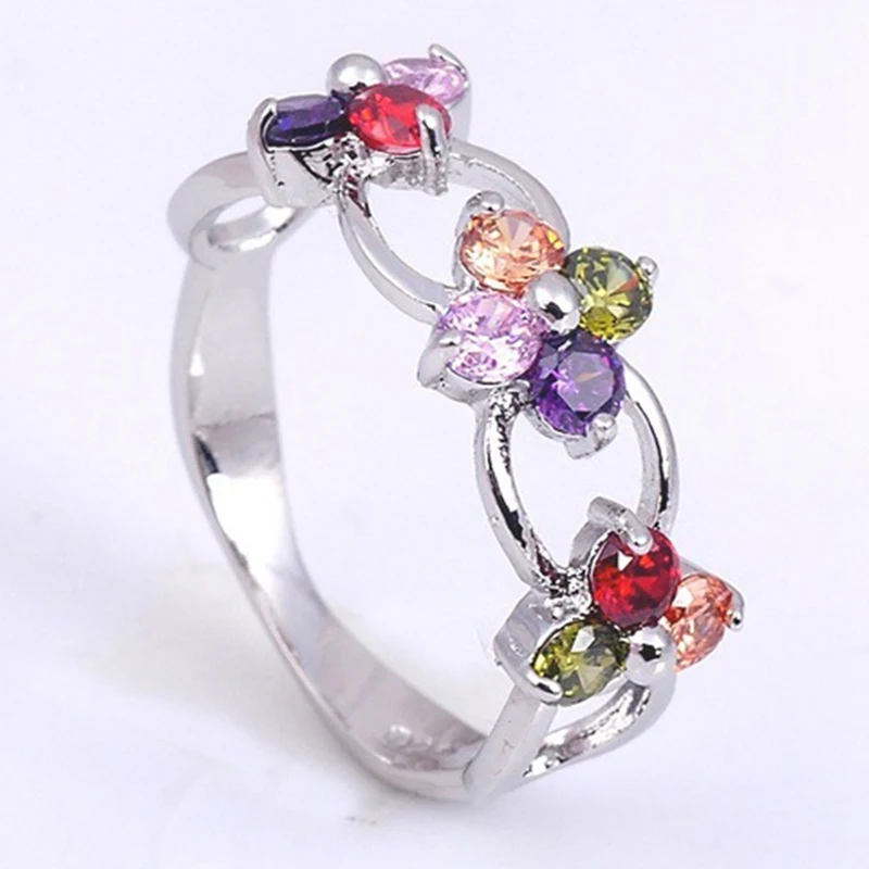 

Fashion Colorful Flower Shape Crystal Ring Silver Color Creative Simple Rings For Women Jewelry Accessories