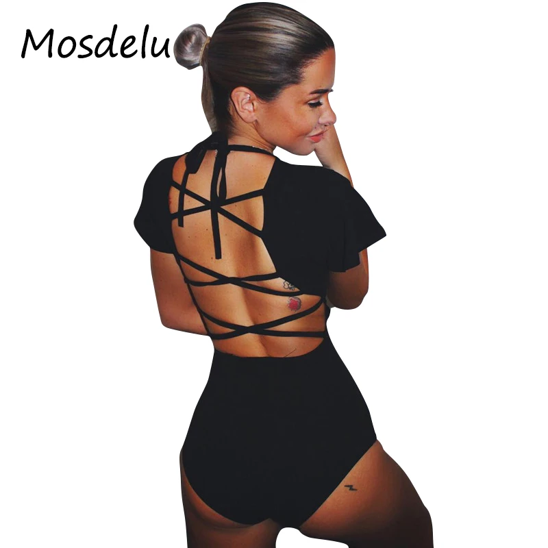 Mosdelu Lace up Sexy Bodysuits Women black rompers womens jumpsuit