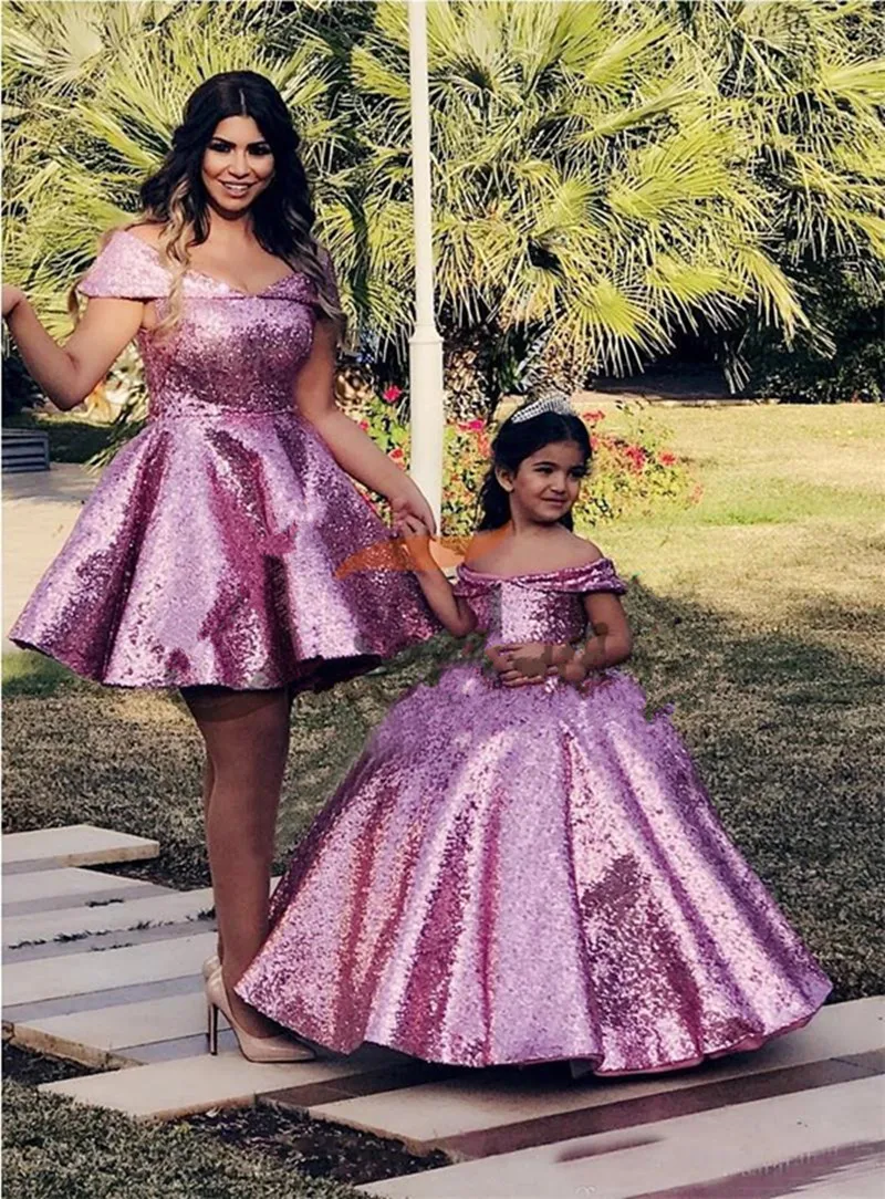 

Purple Sequined Flower Girl Dress Off Shoulder Lace Up Back Formal Party Gowns Princess Birthday Dress