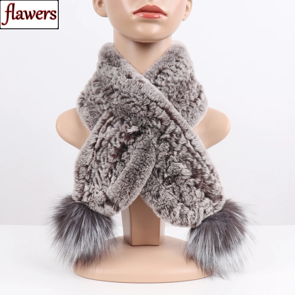 

New Knitted Real Fur Scarves Women Handmade 100% Natural Rex Rabbit Fur Scarf Winter Genuine Fur Mufflers With Fox Fur Pompoms