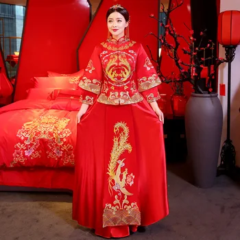 

Chinese Style Women Marriage Set Elegant Full Length Cheongsam Vintage Suzhou Embroidery Phoenix Qipao Bride Wedding Party Dress
