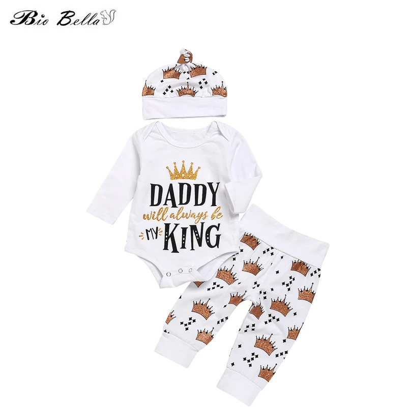Комплекты одежды для новорожденных мальчиков шапочка+ боди+ штаны, комплект одежды из 3 предметов для малышей Одежда с рисунком короны для новорожденных девочек - Цвет: White