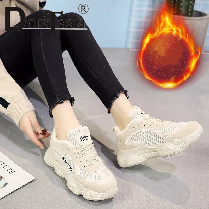 

DoraTasia Brand Design Dad Shoes Lace Up Sneakers Popular Flat Platform Shoes Woman Casual Soft Winter Spring Flats Black