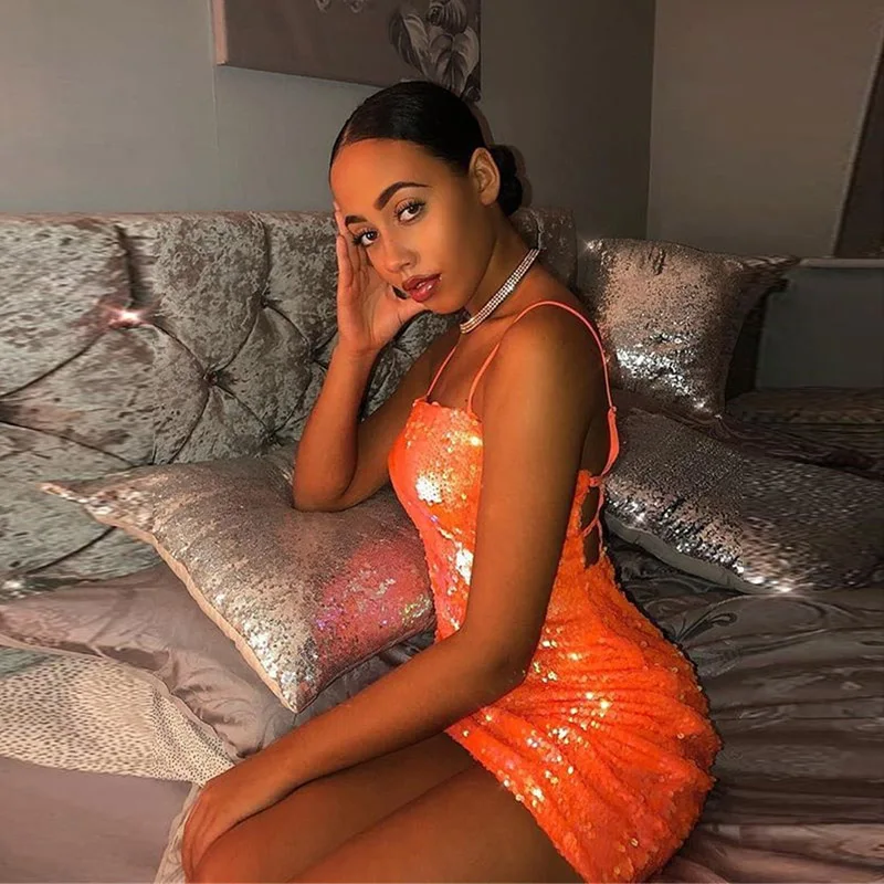 

KGFIGU Women mini dress 2019 New Arrivals bodycon dresses sexy backless Neon orange party bandage dresses clubwear woman clothes