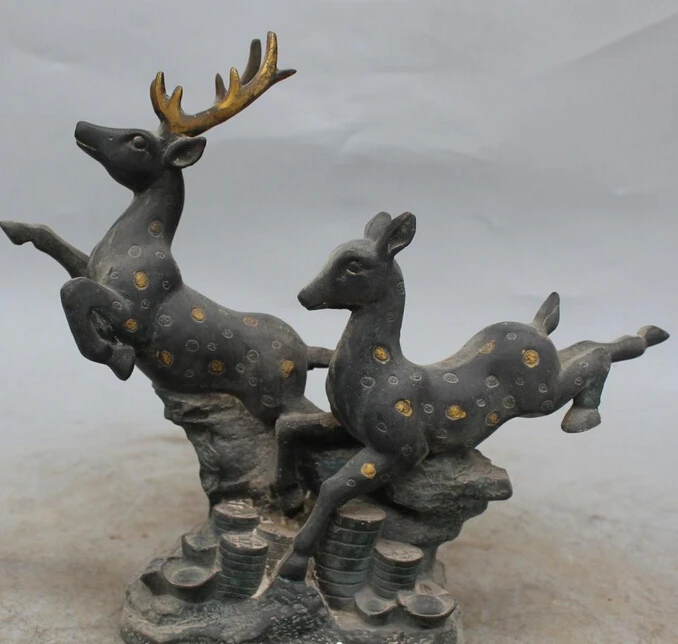 

10" lucky Chinese Bronze Gilt Wealth Money Yuan Bao Animal Deer Sika Deer Statue R0709 Discount 35%