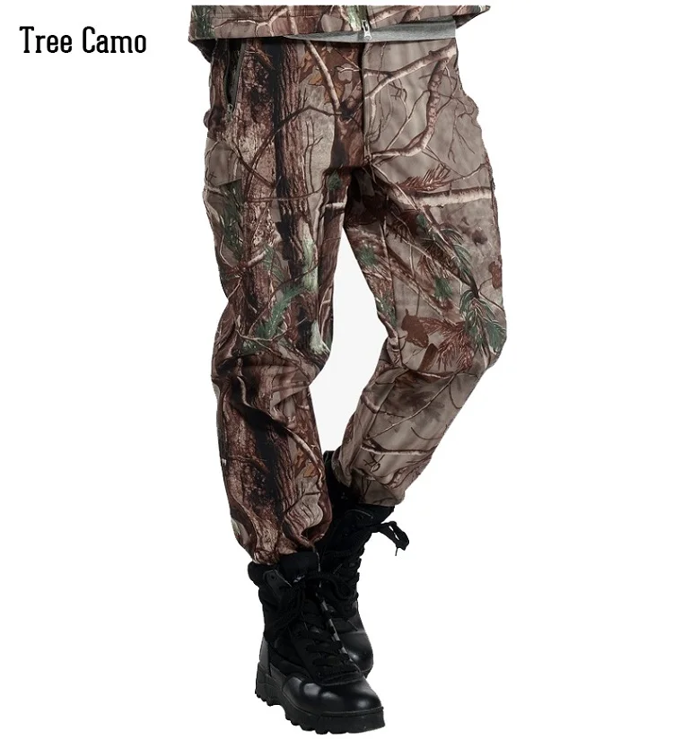 Tree Camo Горячая зима флис тактический военный Пеший Туризм брюки для человека Акула кожи Soft Shell Брюки Открытый Треккинг Охота армии камуфляж брюки - Цвет: Tree Camo