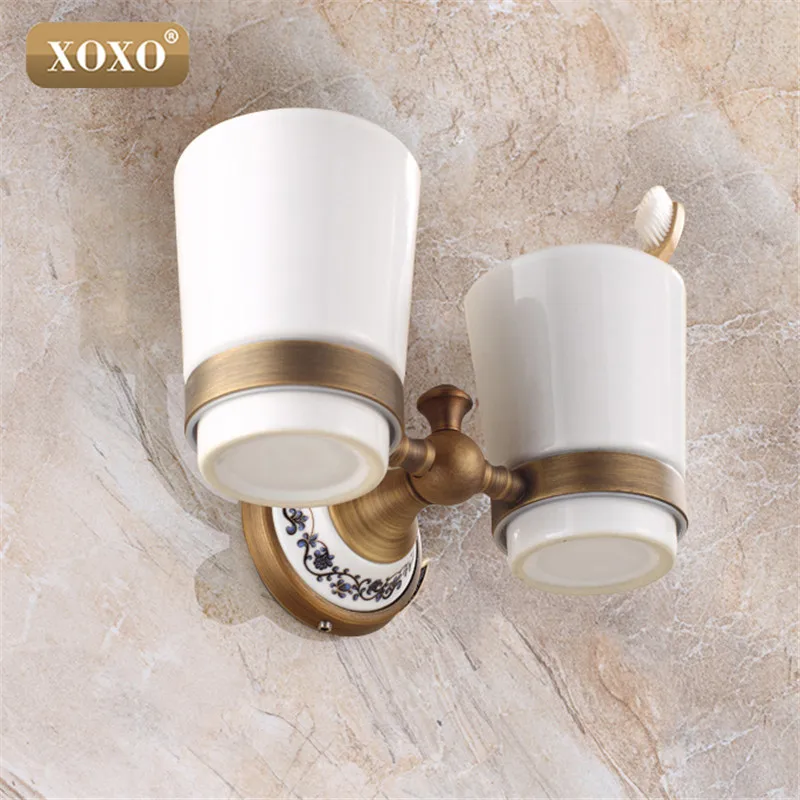 XOXOTop quality luxury European style Antique copper toothbrush tumbler&cup holder with 2cups wall mounted bath product 11084DBT