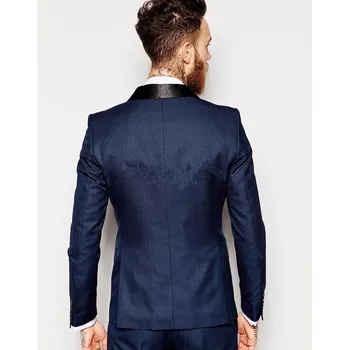 

New Limited Real Men Suit Groom Tuxedos Shawl Collar Men's Suit Navy Groomsman Bridegroom Wedding Prom (jacket+pants+vest)