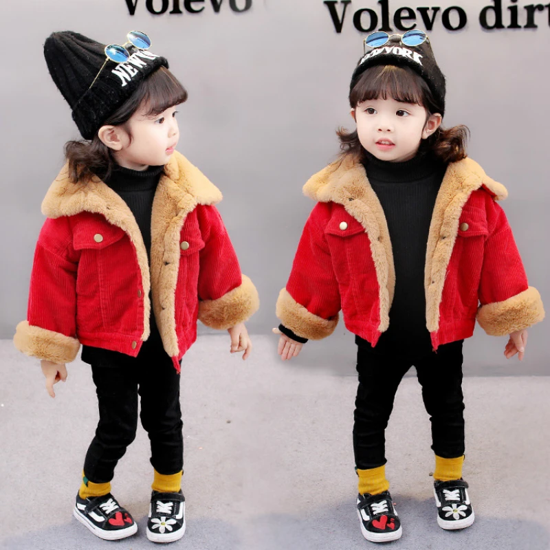 

New Girls Parka Baby Girls Boys Winter Clothes Corduroy Fabric Kids Coat Jacket Thick Lambswool Children Outwear
