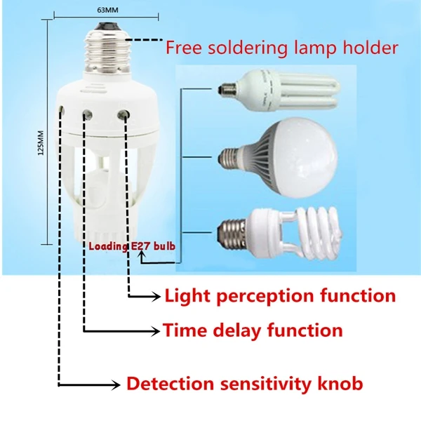 E27 Infrared PIR Motion Sensor Light Bulb Switch Holder Converter
