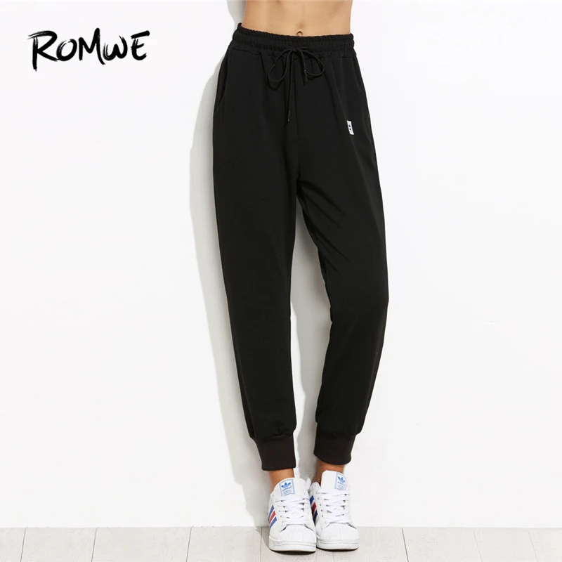 ROMWE, черные штаны для бега на завязках, штаны для женщин, повседневные осенние Простые Спортивные штаны, спортивные зауженные укороченные брюки с морковкой