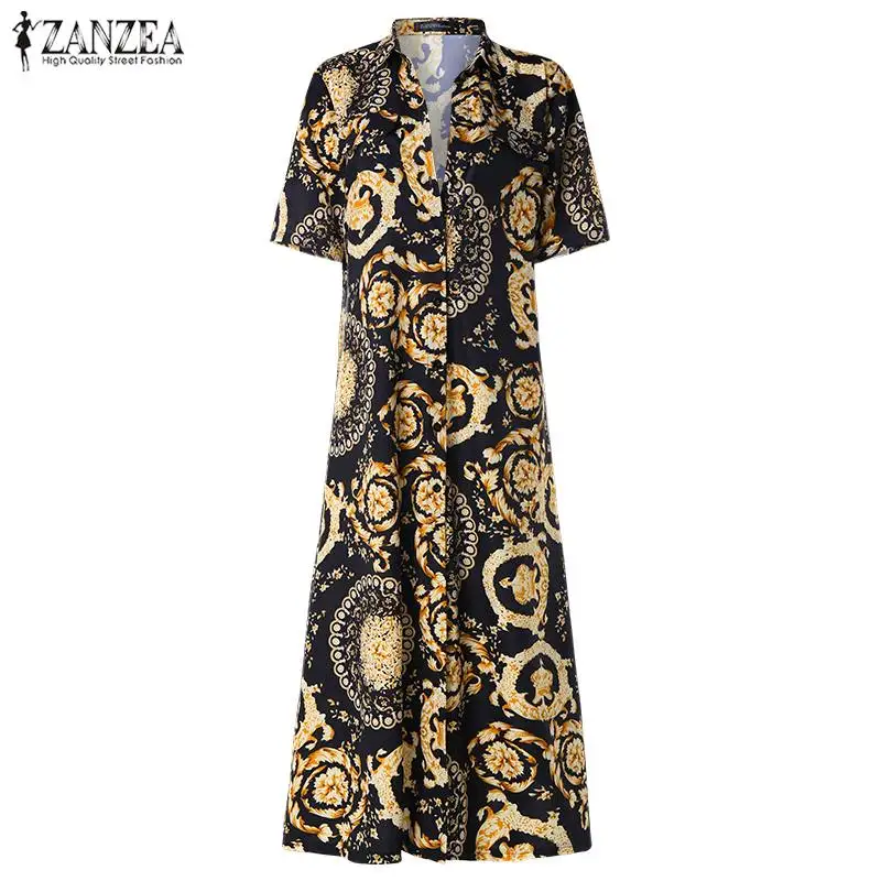 Размера плюс, ZANZEA, летнее платье, богемные, с принтом, вечерние, рубашка, Vestido, для женщин, с отворотом, короткий рукав, с разрезом, макси, длинный сарафан, Femme