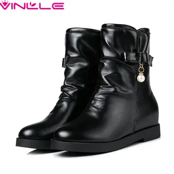 

VINLLE 2020 Black White Apricot Women Round Toe Ankle Boots PU Leather Fashion Height Increasing Women Boots Size 30-43