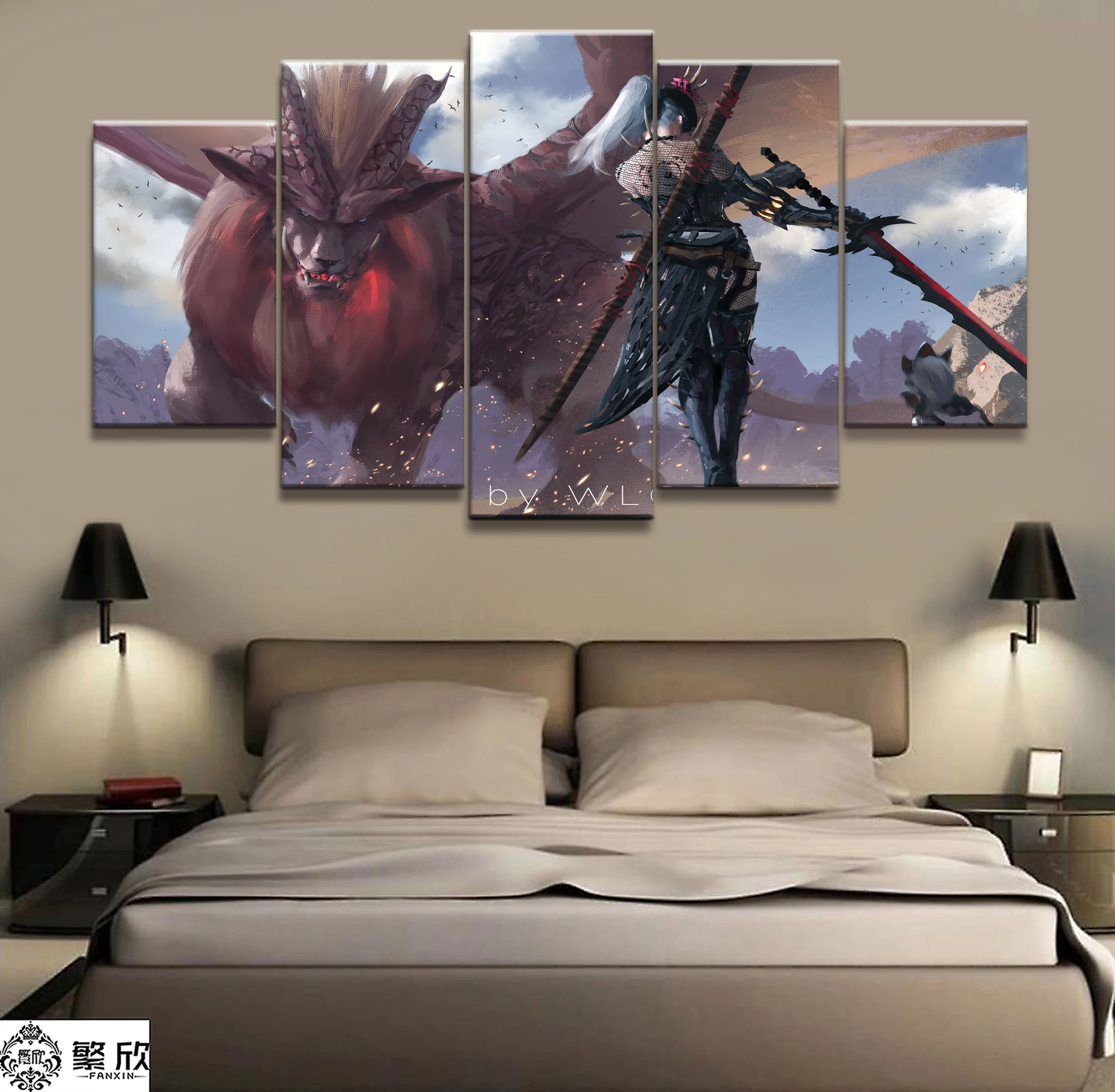 

Wall Art Poster Painting Modular Pictures Living Room Decorative Canvas Printed 5 Panel WLOP Ghost Blade Monster Hunter Game