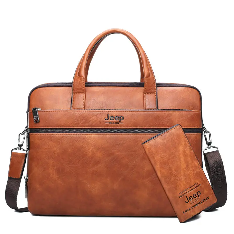 Мужская сумка и кошелек комплект jeep buluo, оранжевый портфель для ноутбука 14", кожаная офисная сумка, деловой портфель на плечевом ремне, все сезоны - Цвет: 3105-3-8888-Orange