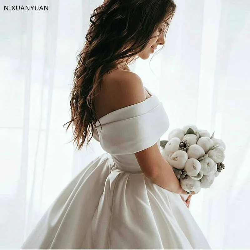 Off The Shoulder Princess Ball Gown Wedding Dresses Pleats Satin