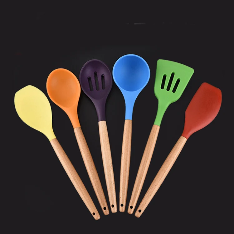 

Wooden Handle Color Silica Gel Kitchenware 6 Pieces Non Stick Pan Silica Gel Kitchenware Set Cooking Spatula Tool