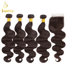 airUGo Hair Pre-colored Malaysia 4 Bundles With Closure 100% Human Hair Body Wave Hair Weave Bundles 8-26Inch #2 color Hair