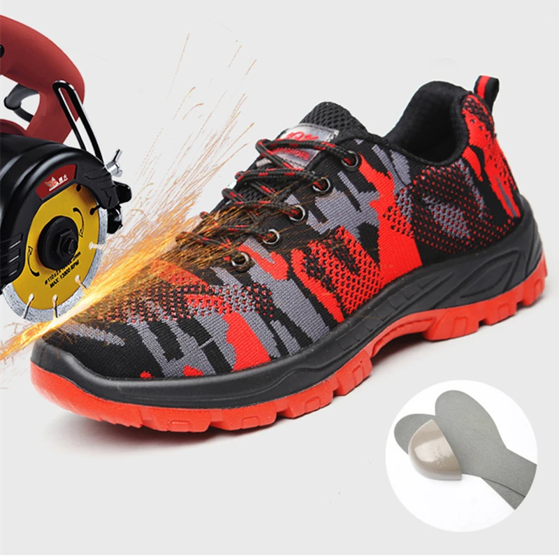 

Anti-Smashing Anti-Pucturing casual working safety shoes men steel toe flying knitted breathable anti-skid steel blades sneakers