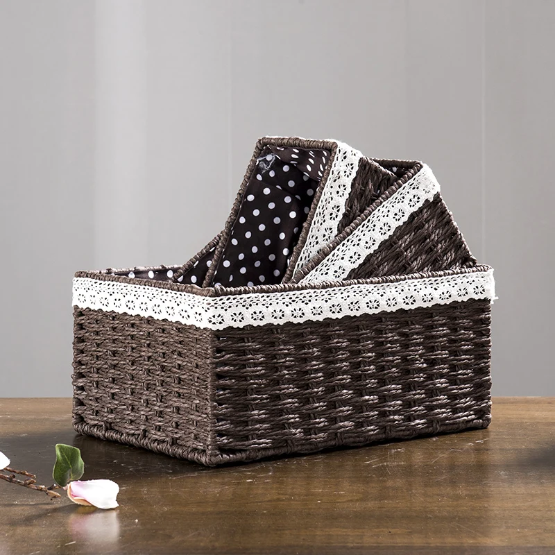 Rattan basket imitate for storage with lining key food fruit straw storage boxes hand made eco-friendly household table storage