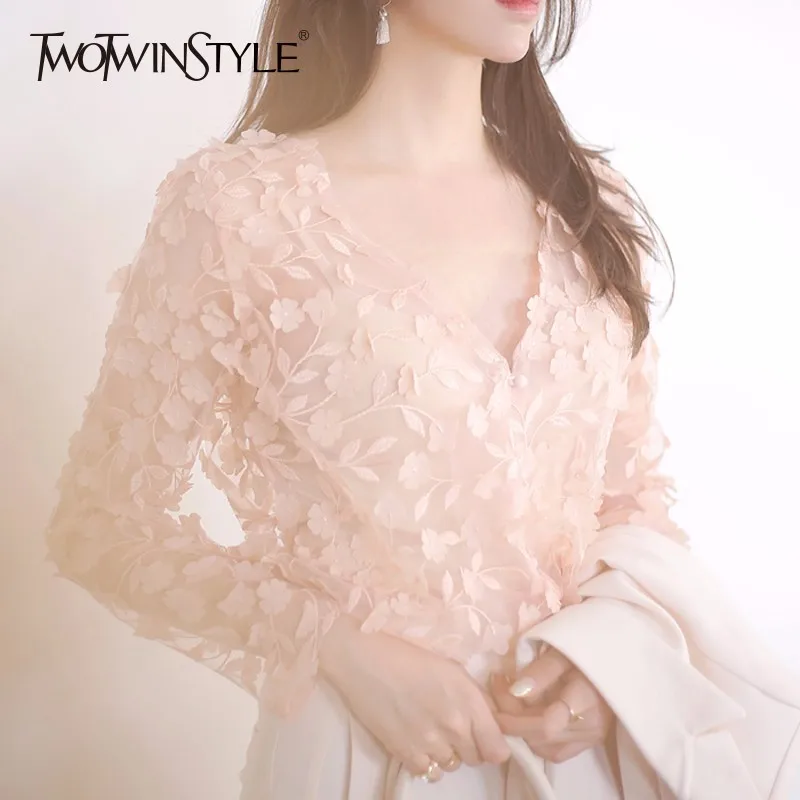 

TWOTWINSTYLE Lace T Shirt Hollow Out Mesh Patchwork V Neck Long Sleeve Pullover T Shirts Spring Fashion Elegant Clothing 2019