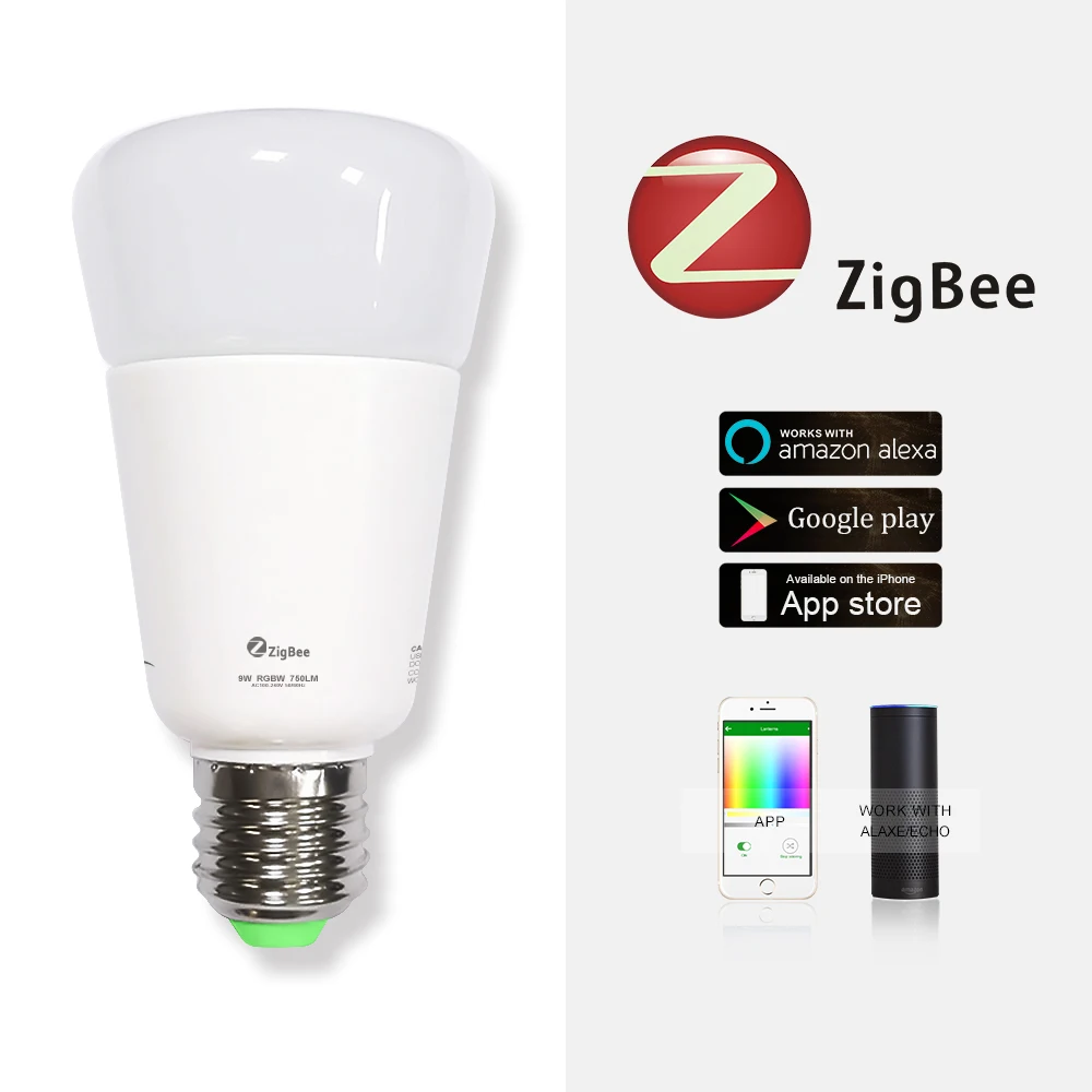 Умный дом E27 9 Вт Zigbee zll RGBW беспроводной wifi приложение управление Светодиодный светильник Интеллектуальное освещение лампа Изменение цвета Затемнения AC100-240V