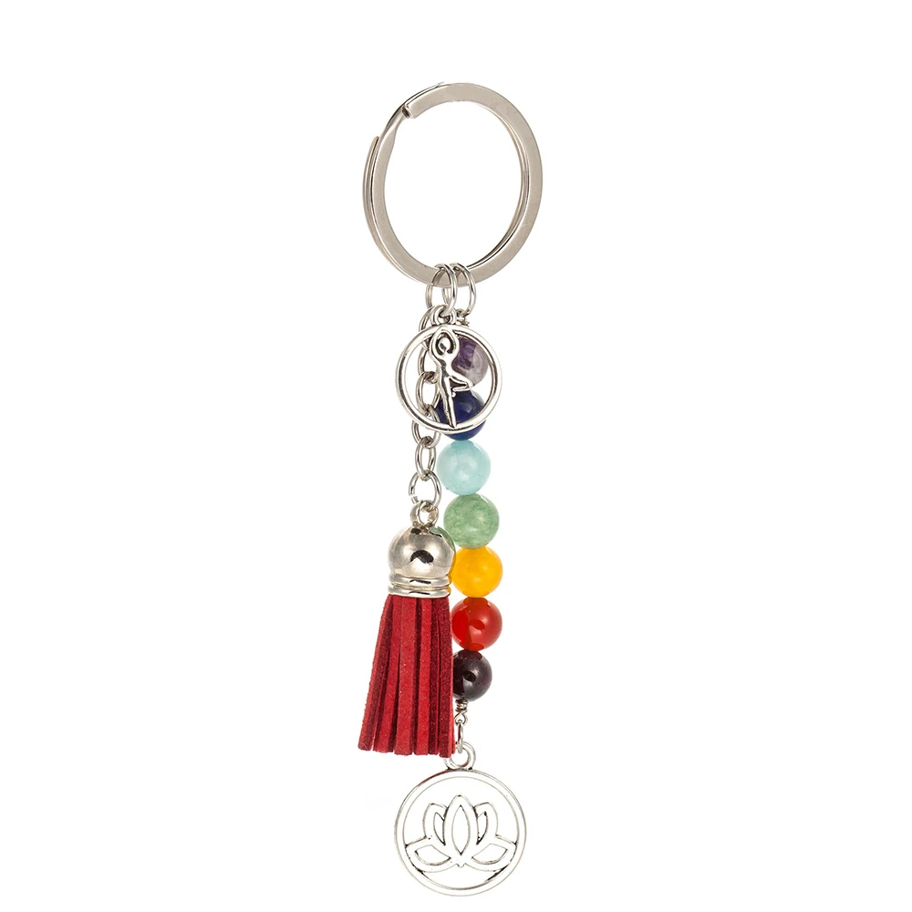 

Chakra Keychain Colorful Stone Beads 7 Chakras Energy Yoga Fitness Key Chains Lotus Tassel Key Rings Fashion Jewelry