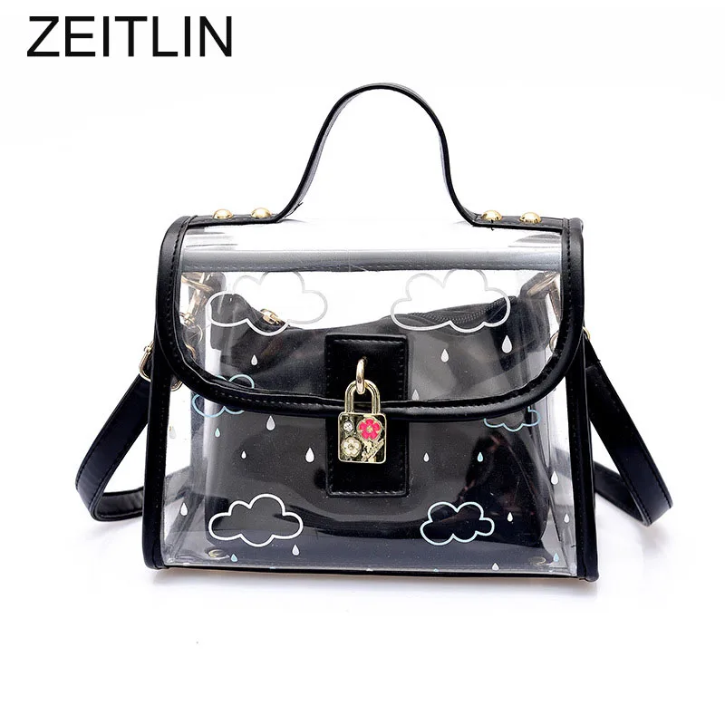 Carino Canta Da Del 2018 Grande Stampa Bag Spiaggia Di Bag Plastica yellow Pu Messager Shoulder pink white Gelatina Borse Black Sacchetto Tracolla Bag A Donna Trasparente Borsa Bottiglia Bag Nube Estate S603 qOY1tH