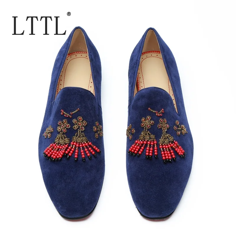 

LTTL Newst Fashion Patent Leather Men Loafers Handmade String Bead Embellished Men's Party And Wedding Shoes Floral Dress Shoes