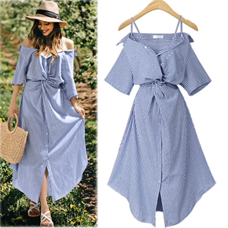 

European Style 2019 Summer Women Dresses Plus Size 4XL Asymmetricial Striped Female Vestidos Hollow Out Ladies Dress Street Robe