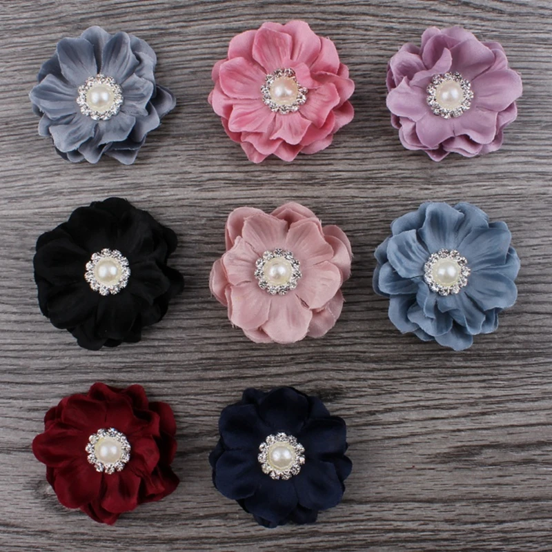 

50pcs/lot 4.6cm 8colors Hair Clips Mini Felt Flower+Rhinestone Pearl Bead For Hair Accessories DIY Fabric Flowers For Headbands