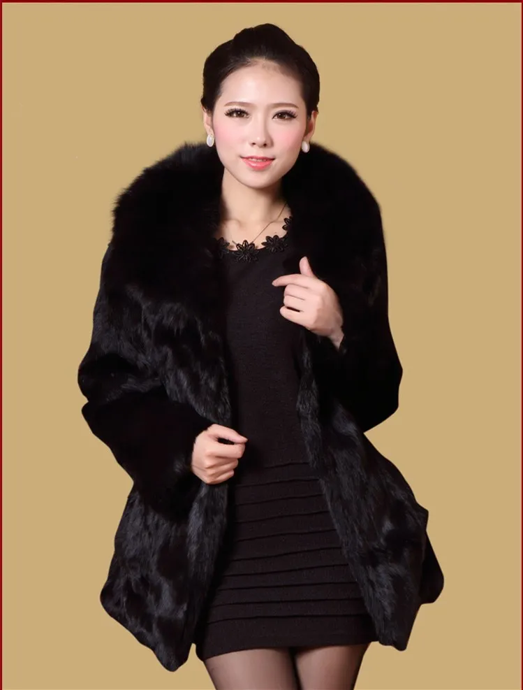 

EMS Free shipping new spring whole skin rabbit fur coat with fox fur collar women long full pelt fur jacket plus size