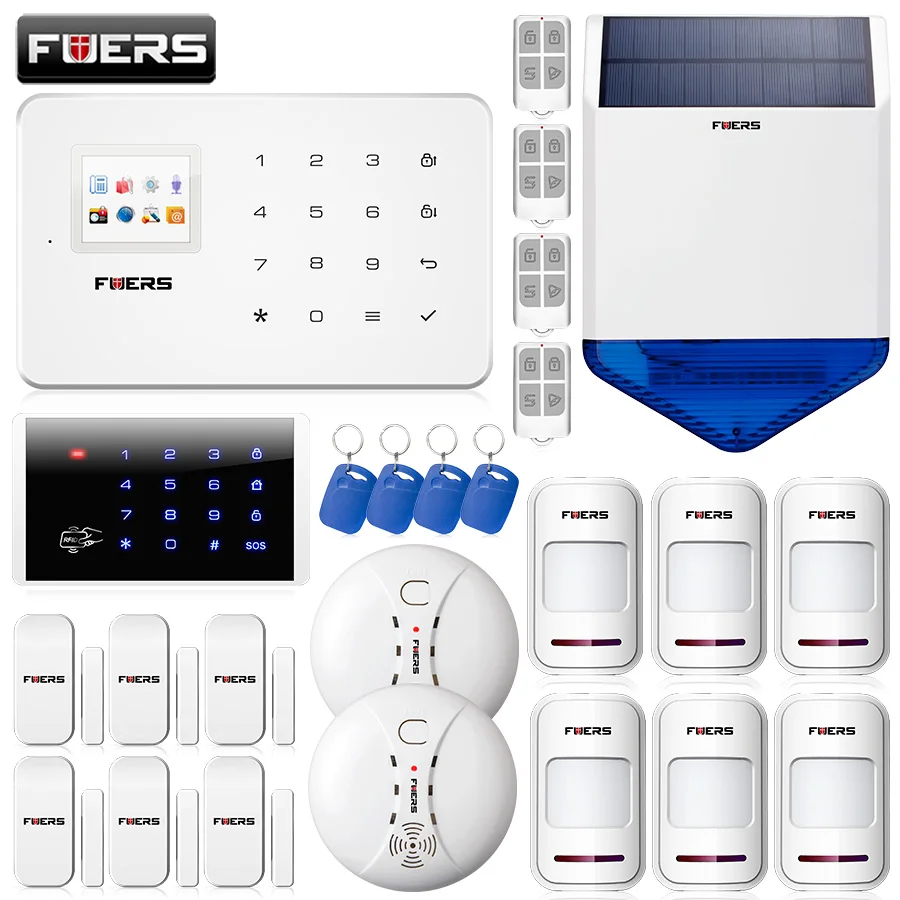

FUERS G18 GSM 99 Wireless TFT Display Security Alarm System APP Control With Solar Siren Keyboard Motion Door Sensor DIY Kit