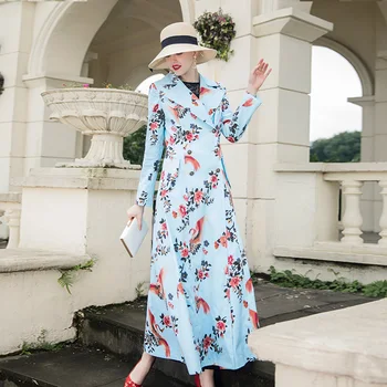 

DF High Quality Printed Autumn Coat Women Turndown Collar Long Coat Overcoat Female Casual Double Breasted 8029