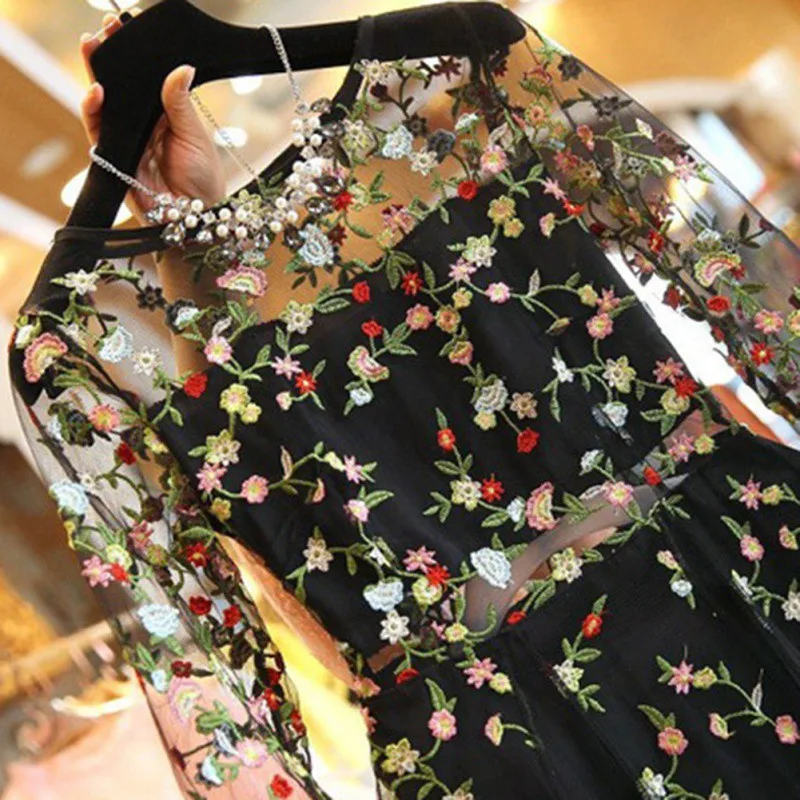 Вышивка кружева сетки платья Бохо Винтаж Цветочный Мода Подиум платье повседневное прозрачные платья