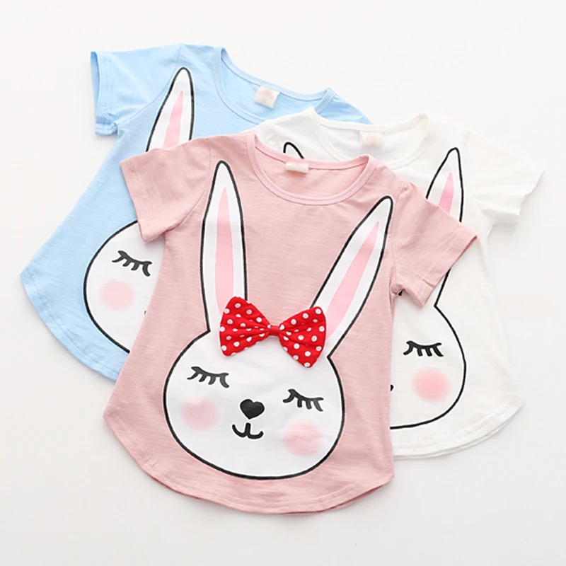 

2018 Summer 2-10Years Children Birthday Clothing Lovely Funny Rabbit Print Bow Baby Short Sleeve Kids Girls Cartoon T Shirt Tops