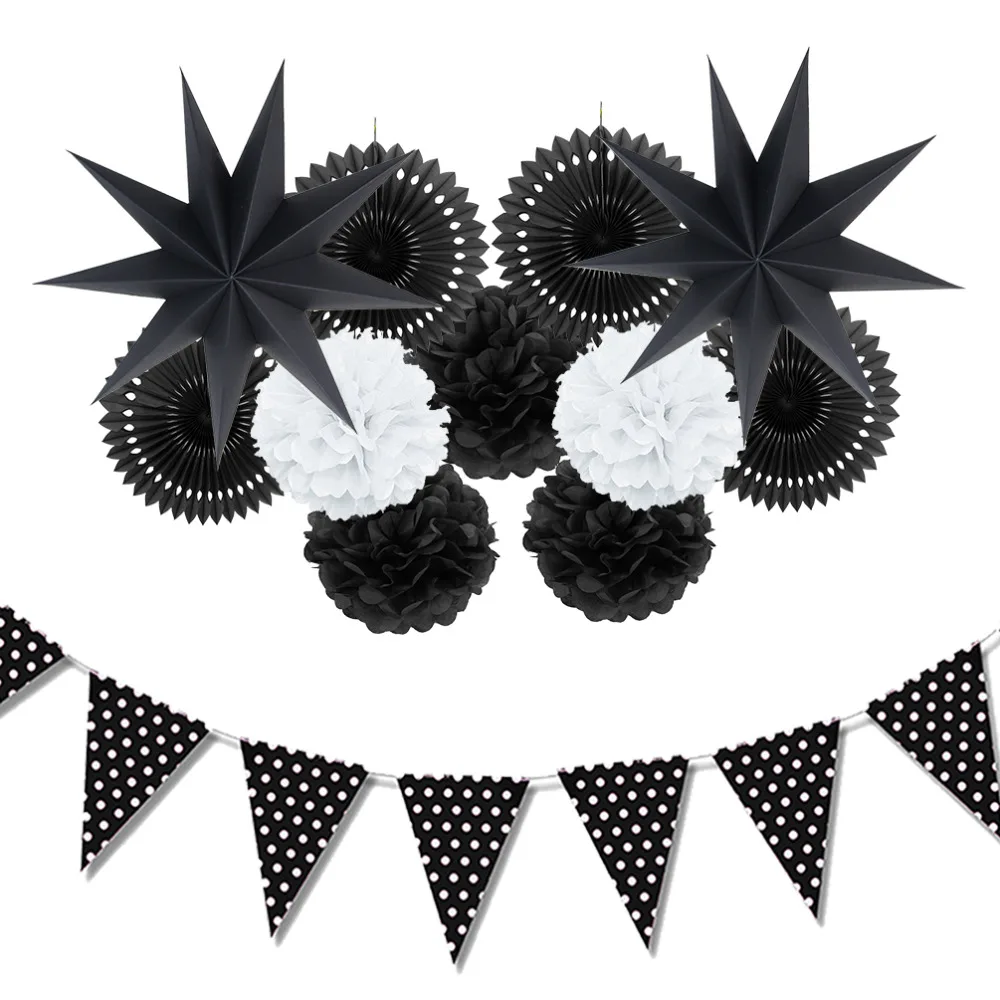 12pc (Black White) Paper Decoration Set Paper Fans...